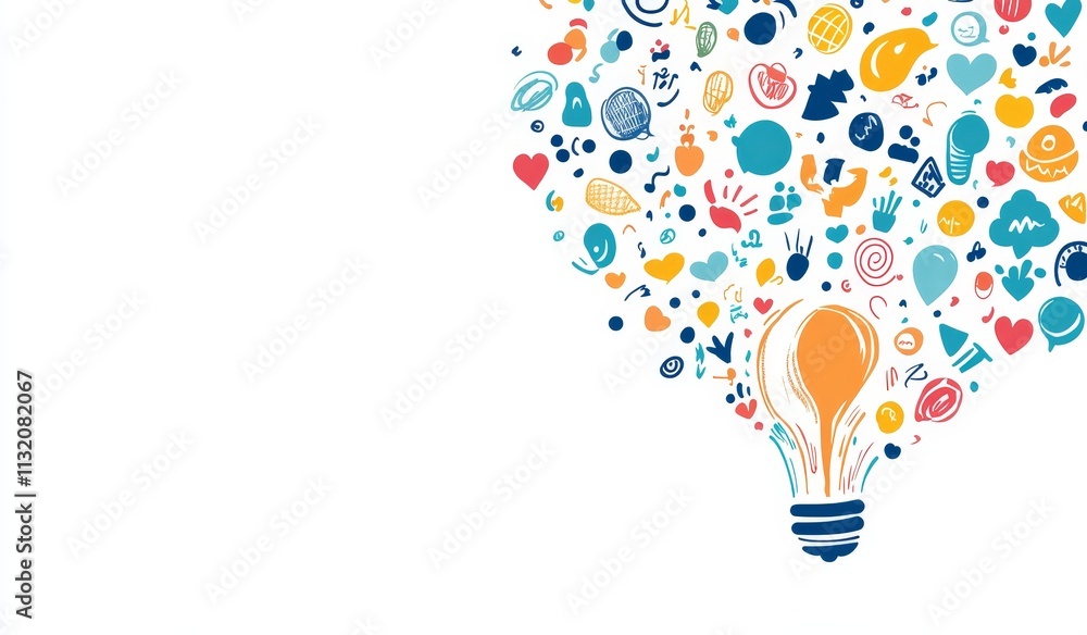 Poster colorful hand-drawn icons exploding from a lightbulb, symbolizing creativity and ideas.