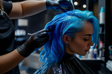 Naklejka premium Vibrant Blue Hair Dyeing Process in Modern Salon - Trends in Fashion and Beauty