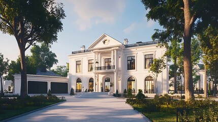 Obraz premium Beautiful modern style two-story white villa with windows and surrounded outdoor garden