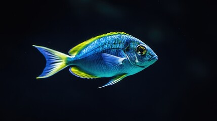 A lone fish, with its vibrant blue and green colors, appears to float effortlessly against the dark background.