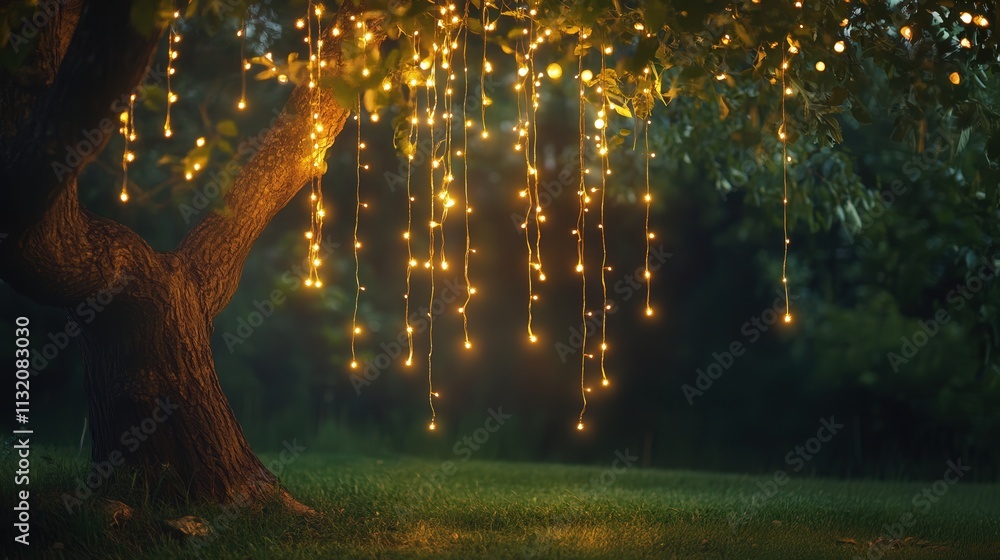 Poster strings of glowing lights hanging under a tree, casting an ethereal glow across the lawn and creatin