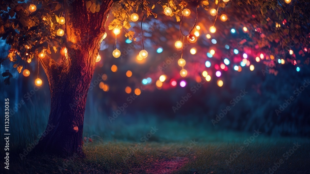 Poster decorative lights shining under a tree, their colorful glow creating an enchanting atmosphere, with 