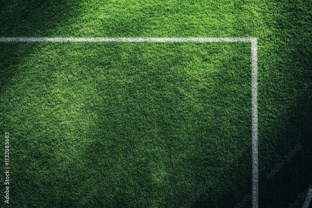 Poster high-angle view of a green grass field with white lines, illuminated by a spotlight.