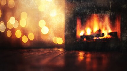 Fototapeta premium Warm holiday fireplace scene blurred into an abstract bokeh background