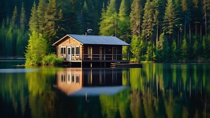 Obraz premium Lakeside Cabin Nestled Among Tall Green Pines