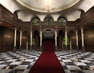 3d render of an antique luxurious entrance hall with a big staircase and a dark red carpet. No AI used