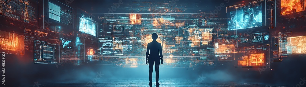 Poster a silhouette of a figure in a hightech digital space, surrounded by floating holographic data and di