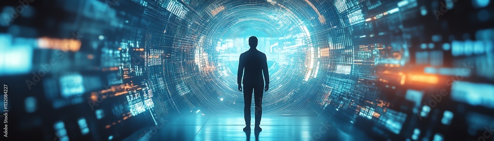 Poster a silhouette of a figure in a hightech digital space, surrounded by floating holographic data and di