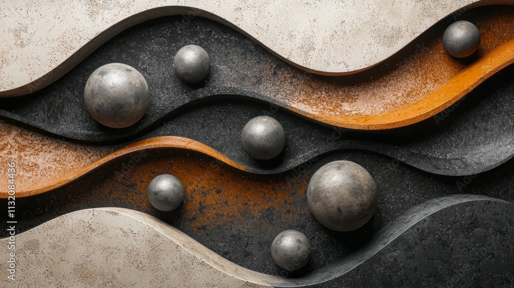 Poster Curved lines intertwine in this artistic representation, featuring spheres that create a captivating contrast with the textured background