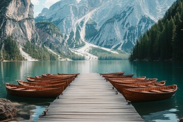 Obraz premium Wooden boats on a dock at a tranquil mountain lake.