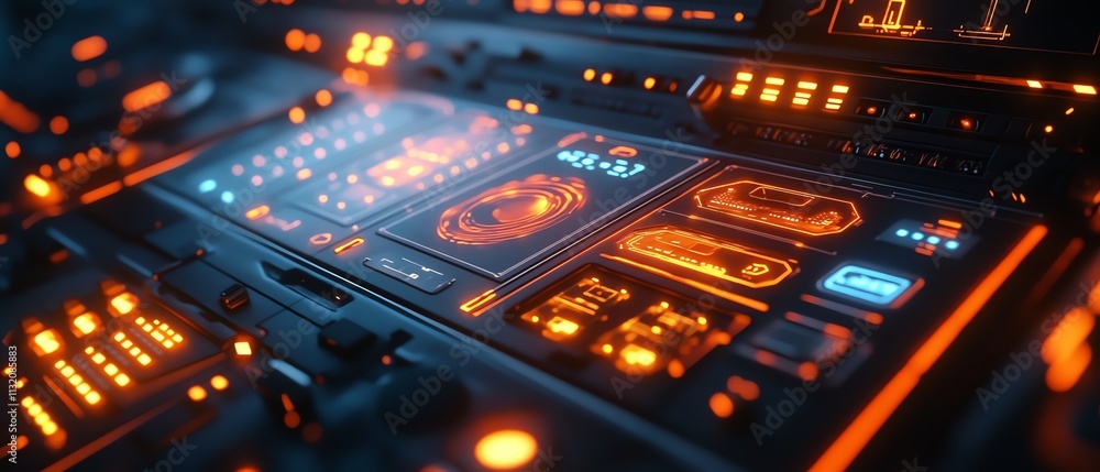 Poster closeup of a digital control panel with dynamic icons, symbolizing modern technology in a futuristic