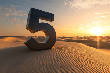 Bold metallic number 5 standing on golden desert dunes at sunset, symbolizing strength, creativity, and timeless elegance, perfect for artistic, conceptual, and modern themes