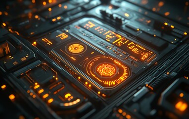 Closeup of a digital control panel with glowing icons, modern technology in a futuristic industrial setting with sleek metallic details