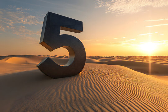 Bold metallic number 5 standing on golden desert dunes at sunset, symbolizing strength, creativity, and timeless elegance, perfect for artistic, conceptual, and modern themes