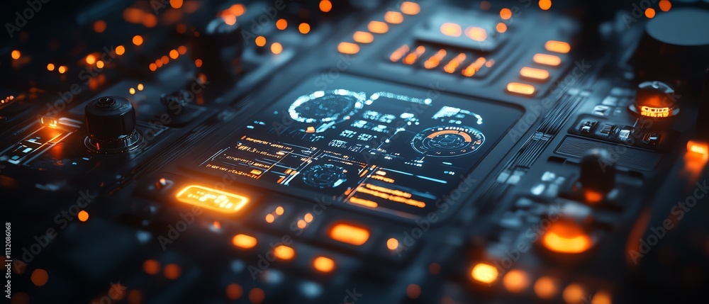 Poster closeup of a digital control panel with dynamic icons, symbolizing modern technology in a futuristic
