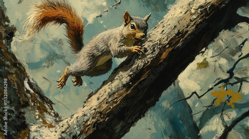 Poster a playful squirrel races up a tree trunk, pausing briefly on a branch to catch its breath, tail curl
