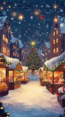 Fototapeta premium Vector Illustration of a Christmas Market Square Christmas Market Scenes, Winter season, Happy New Year, Happy Christmas 