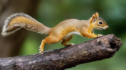 Obraz premium A playful squirrel races up a tree trunk, pausing briefly on a branch to catch its breath, tail curling behind it