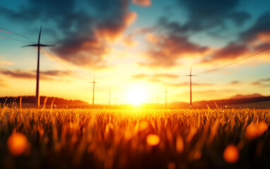 Renewable energy infrastructure wind turbines at sunset fiber optic cables enhancing connectivity in rural areas natural landscape warm colors scenic viewpoint