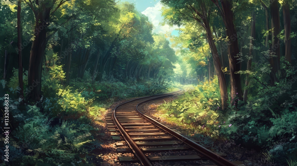 Poster a railway track stretches through the forest, its path winding between giant trees and shrubs.