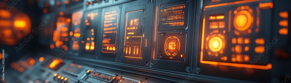 Poster closeup view of a digital control panel with illuminated icons, representing modern technology in a 