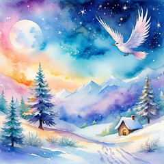 winter landscape with pine trees and white dove bird with beautiful clouds and stars