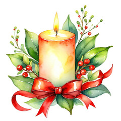 Variation of Hypericum berries Christmas decor with a candle and red ribbon below with round leaf of  Mistletoe watercolor with white background
