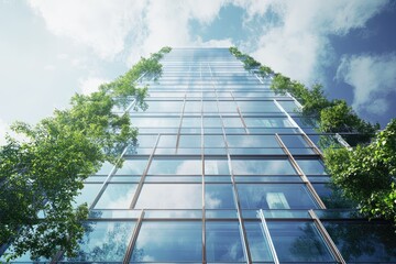 Eco friendly glass office building with trees reduces carbon dioxide.