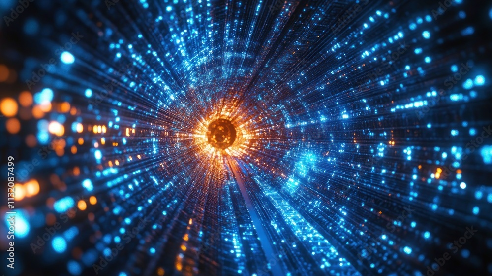 Poster futuristic digital tunnel with vibrant lights and dynamic motion in cyberpunk style