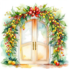 Hypericum berries Christmas  old houses have had their historic doors decor with red ribbon watercolor with white background