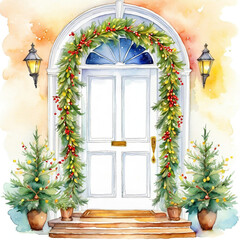 Hypericum berries Christmas  old houses have had their historic doors decor watercolor with white background