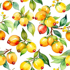 Hypericum berries Christmas decor watercolor with white background pattern