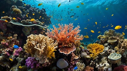 Obraz premium Vibrant Coral Reef teeming with colorful fish and diverse marine life