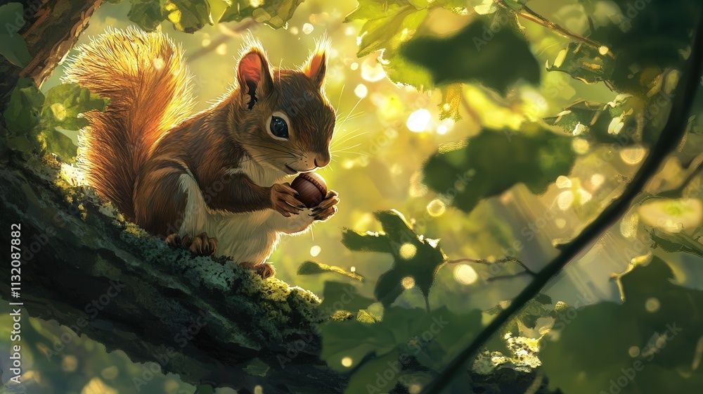 Poster at the tip of a branch, a squirrel nibbles an acorn, its eyes shining with alertness, surrounded by 