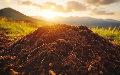 Detailed closeup of a dark, fertile soil mound, rich in texture and organic matter, showcasing the beauty of earth in natural light