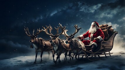 Naklejka premium Santa Claus riding reindeer in the night in winter forest