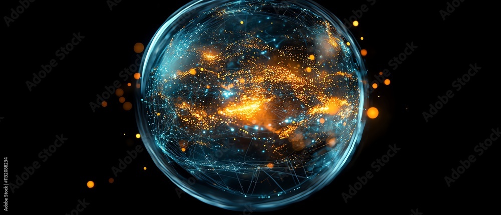 Poster digital globe illuminated with glowing connections and data streams, symbolizing technological progr