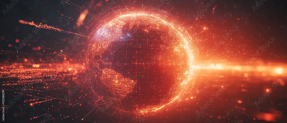 Poster digital globe surrounded by glowing data streams and connections, representing technological innovat