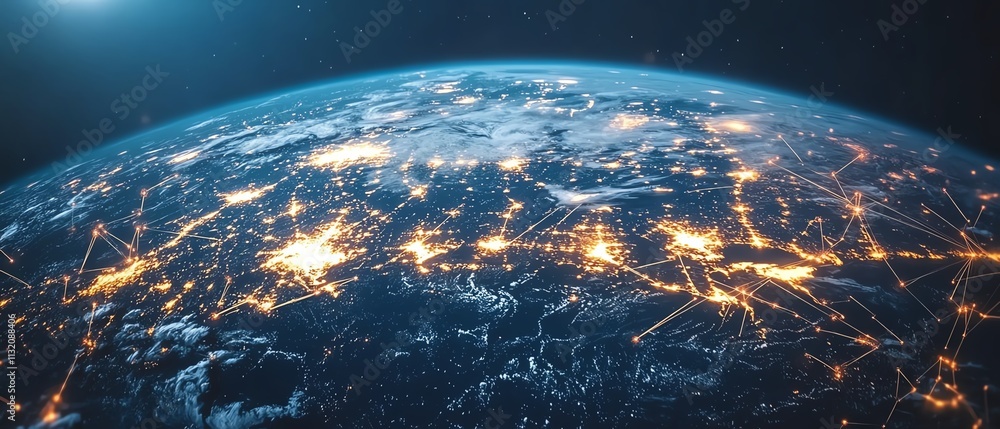 Poster digital globe surrounded by glowing data streams and connections, representing technological innovat