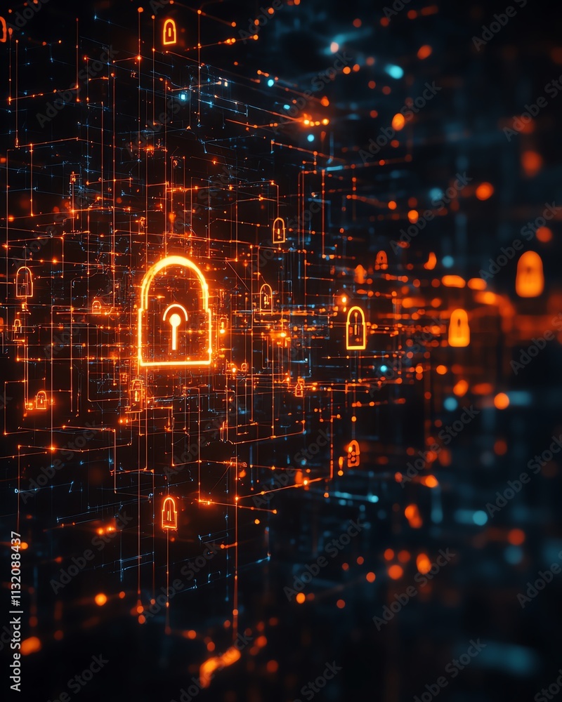 Aufkleber digital image illustrating cybersecurity concepts with glowing locks and data flow, symbolizing tech