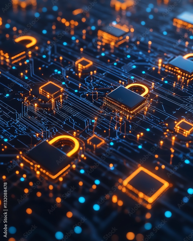 Poster digital image illustrating cybersecurity concepts with glowing locks and data flow, symbolizing tech