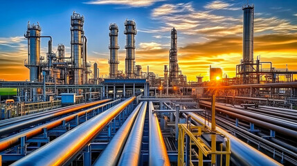 Fototapeta premium Oil refinery at sunset time