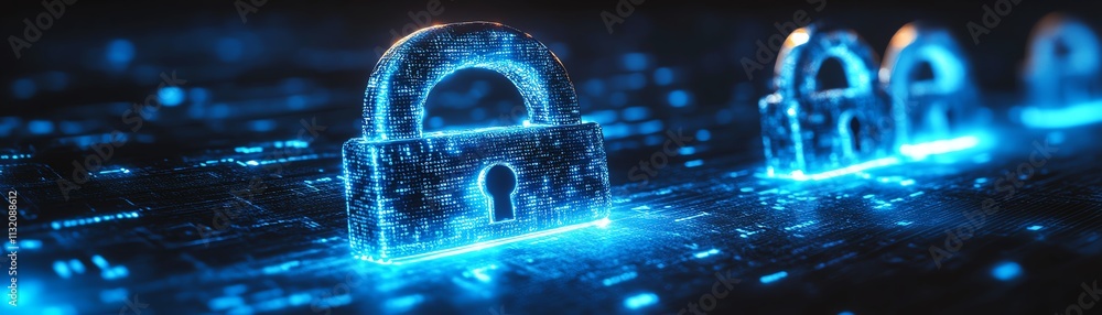 Poster digital image of glowing locks and secure data flow, representing cybersecurity, technology, and the