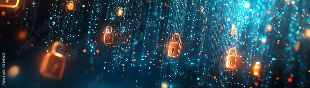 Poster digital image of glowing locks and secure data flow, representing cybersecurity, technology, and the