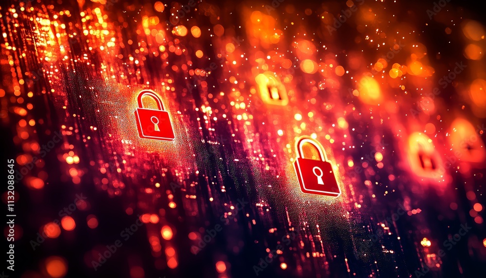 Poster digital representation of cybersecurity with glowing padlocks and data flow, emphasizing technology,