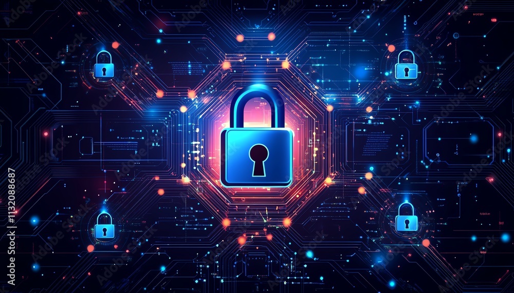 Aufkleber digital representation of cybersecurity with glowing padlocks and data flow, emphasizing technology,