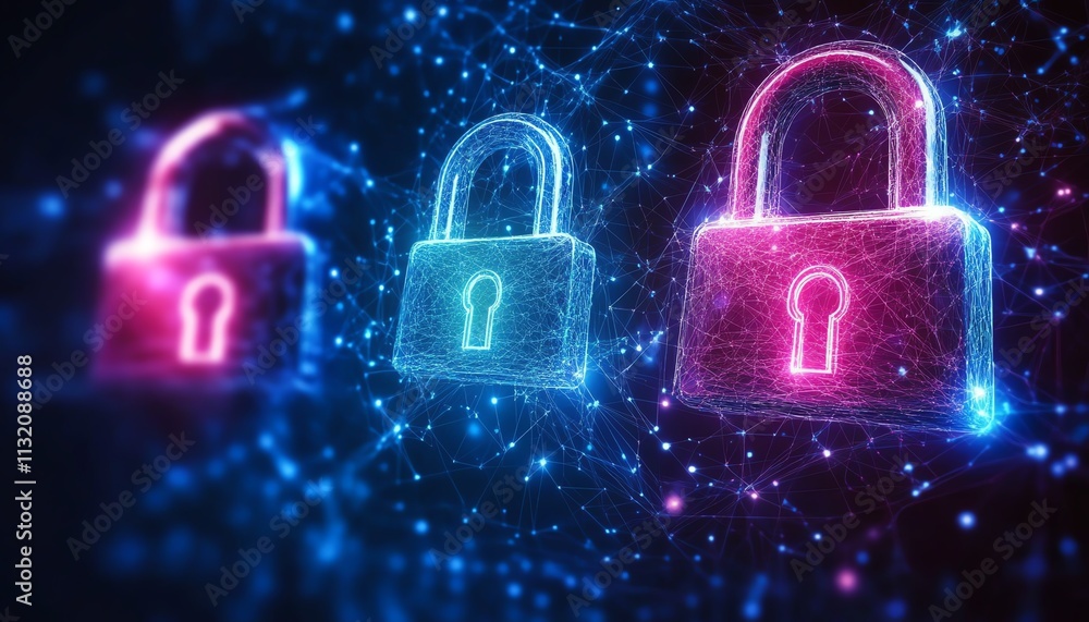 Aufkleber digital representation of cybersecurity with glowing padlocks and data flow, emphasizing technology,