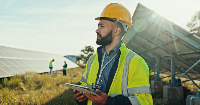 Solar panel, thinking and man with tablet, inspector and network with problem solving. Quality control, environment or employees in field, tech and eco friendly with sustainability or online schedule