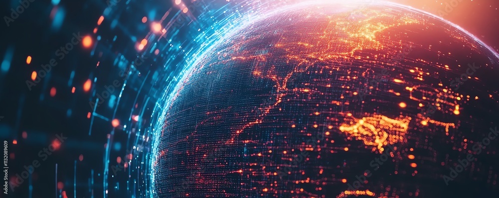 Poster futuristic digital globe with glowing data streams and connections, representing technological growt