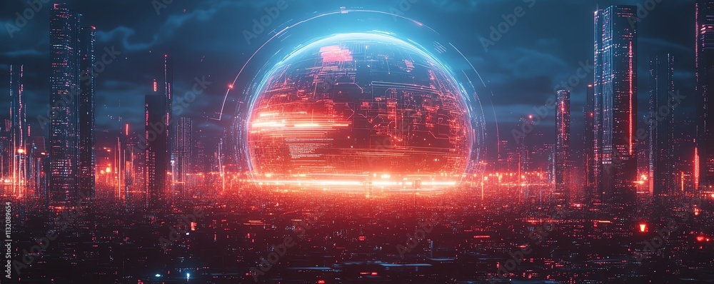 Poster futuristic digital globe with glowing data streams and connections, representing technological growt